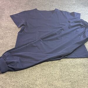 Navy Blue V-Neck Scrub Top and Jogger Set
